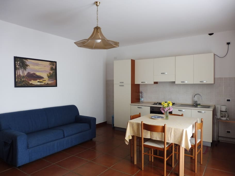 Kitchen and living room with sofabed