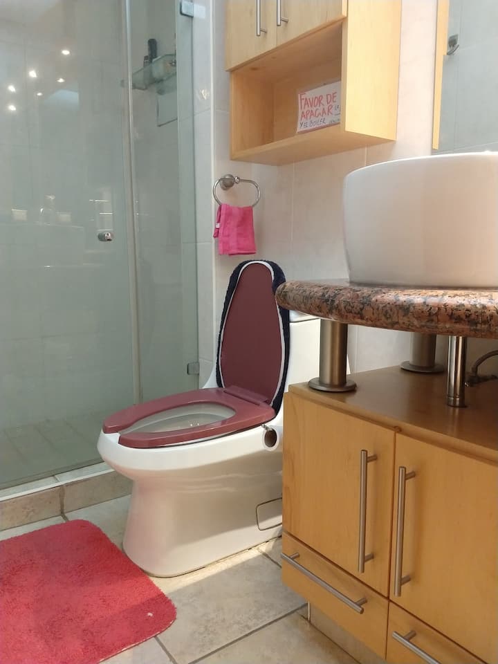 Baño completo con cancel de vidrio y extractor , se comparte entre dos recamaras .