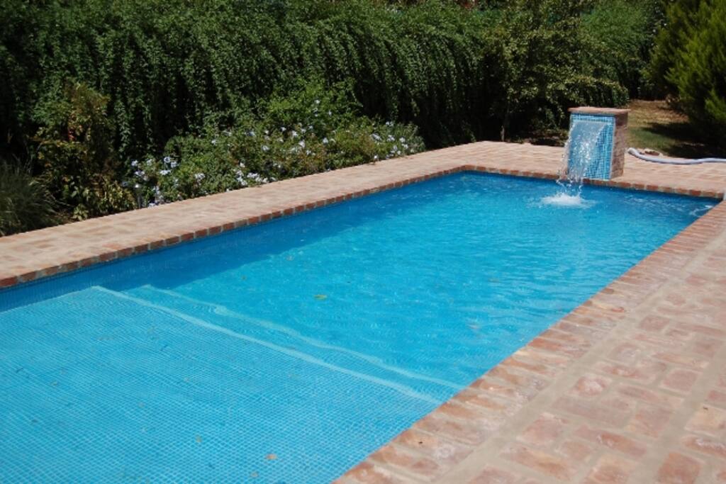 Pileta con solarium interno ideal para niños y cascada, amplia vereda perimetral