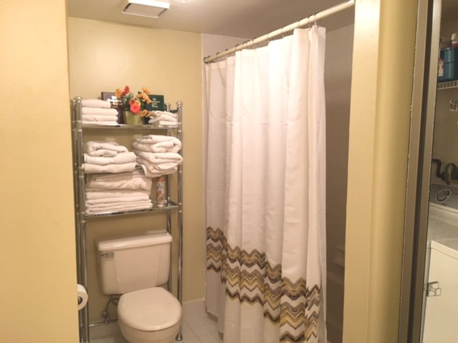 Guest bathroom comes with a tub/shower