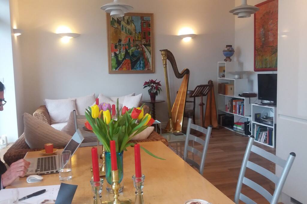 Large open plan living room and kitchen opening on to the terrace