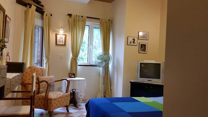 Prvé poschodie(br1):1db,nočné stolíky,veľké okná,kreslá, textilné zrkadlo, zásuvka, nástenné vešiaky, stojan na vešiaky na utierky,stropný ventilátor so zavesenou žiarovkou,čiastočne vysoký strop. Dekoratívna stará televízia. Pri vstupe do br1 je zrkadlo s plnou dĺžkou.