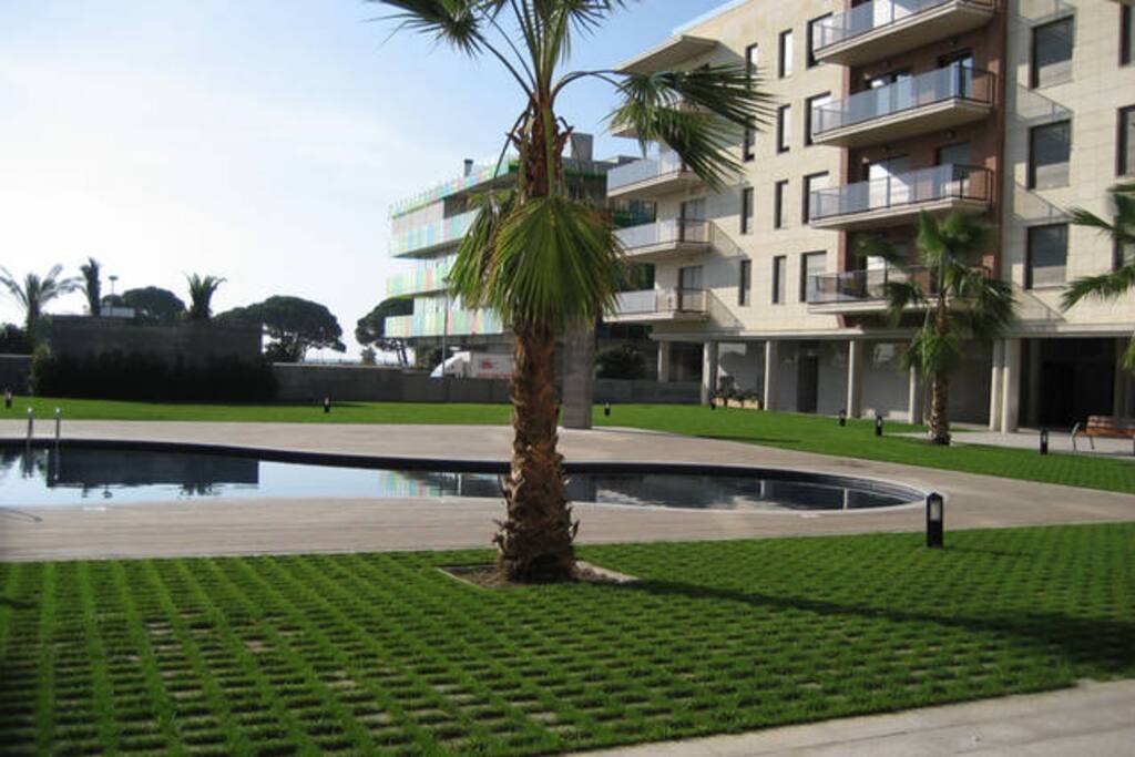 Zona verde y piscina