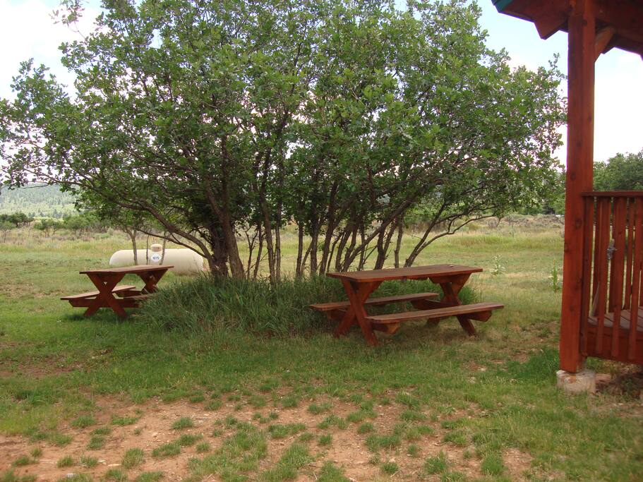 Picnic tables in front of cabin 3
