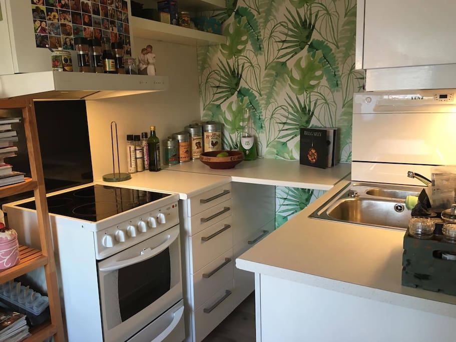 Kitchen with an oven, dish washer and microwave.