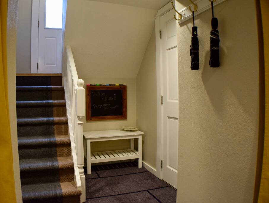 Nook for your shoes and to dry off. We have a liner to help protect the rug. Appreciate your being mindful.