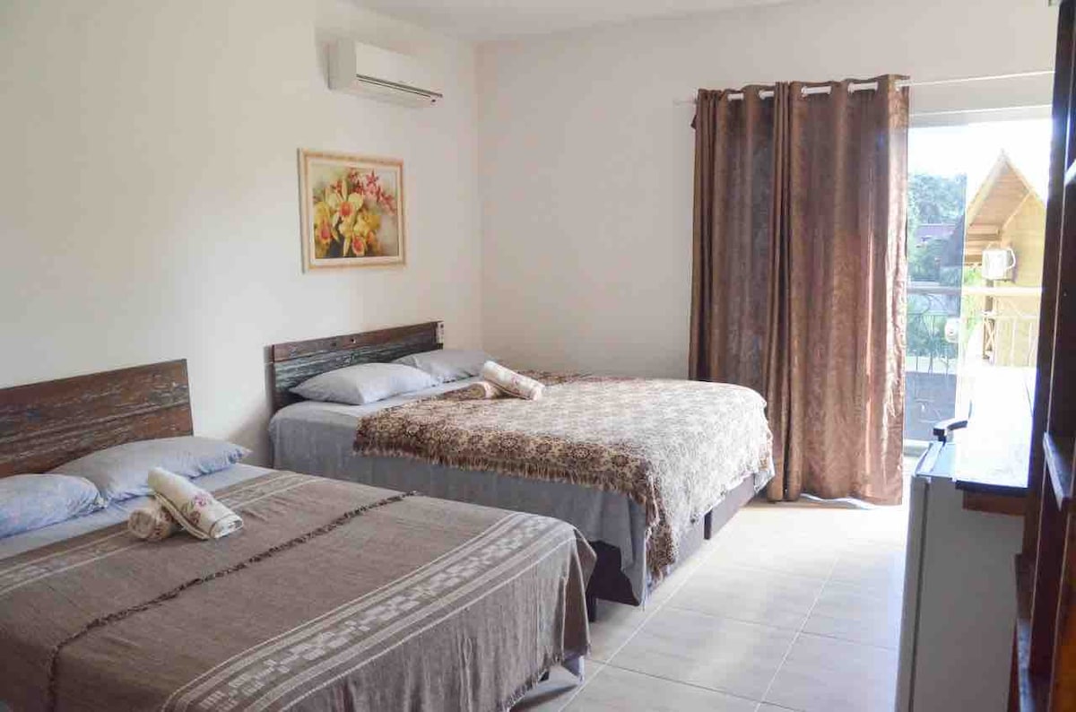A well-lit room features two spacious beds, one layered with a patterned blanket. Light-colored walls and curtains frame a window that offers a view outside. An air conditioning unit is mounted on the wall, and a painting adds a touch of color.