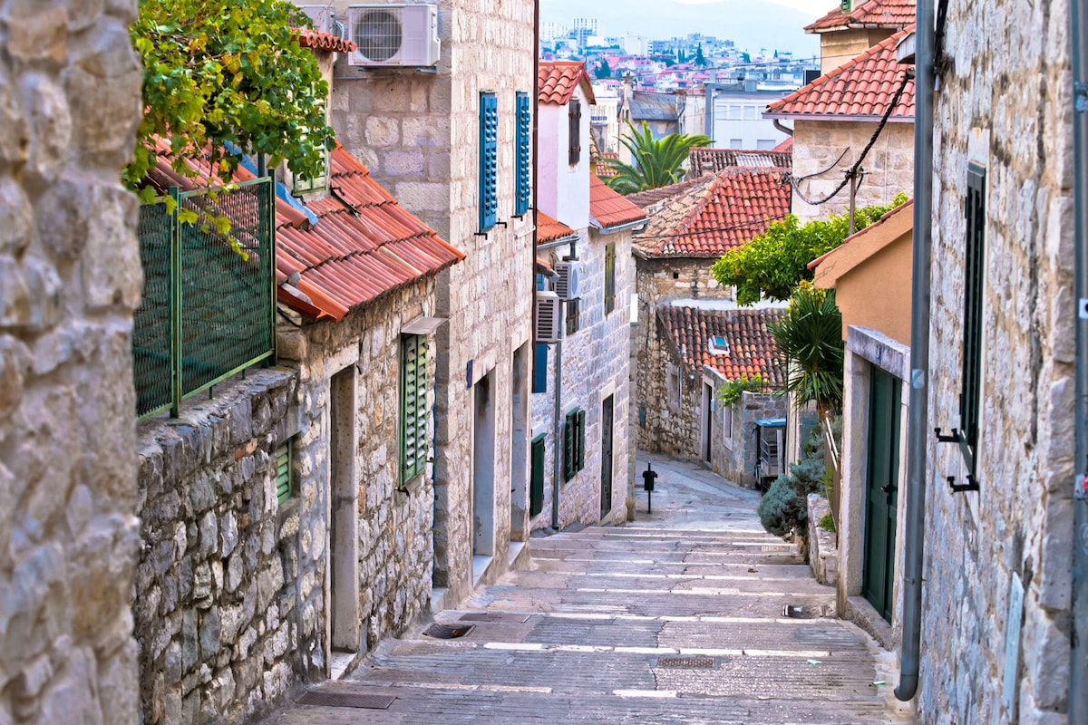 A narrow street lined with charming stone buildings can be seen, featuring terracotta rooftops and green window shutters. Lush trees and plants add greenery to the scene, while smooth stone steps lead down the hill, creating a welcoming ambiance in an urban area.