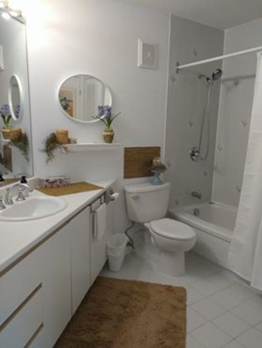Salle de bain très propre et spatieuse.
