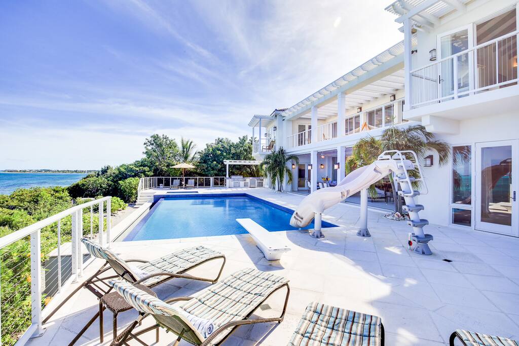 Take a trip down the slide into the pool or relax in the hot tub