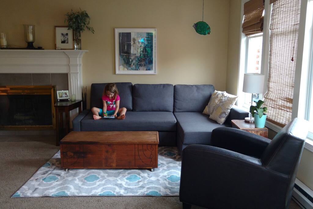 Bright living room with sofa bed