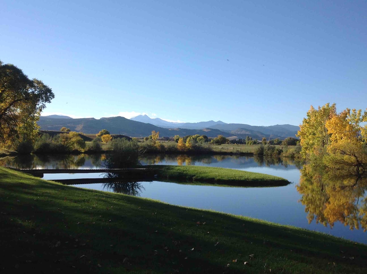 A serene pond is framed by lush green grass and trees, reflecting a clear blue sky. In the distance, the snow-capped peaks of Longs Peak provide a majestic backdrop to this peaceful natural setting.