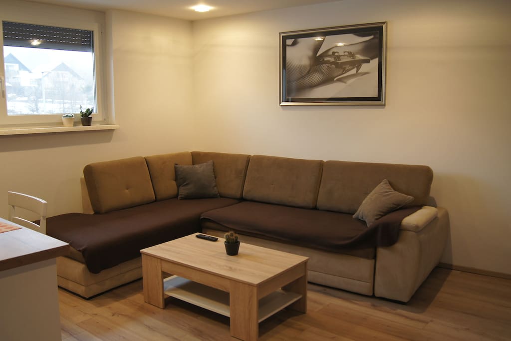 Comfortable living room with big screen and kitchen, all in one place