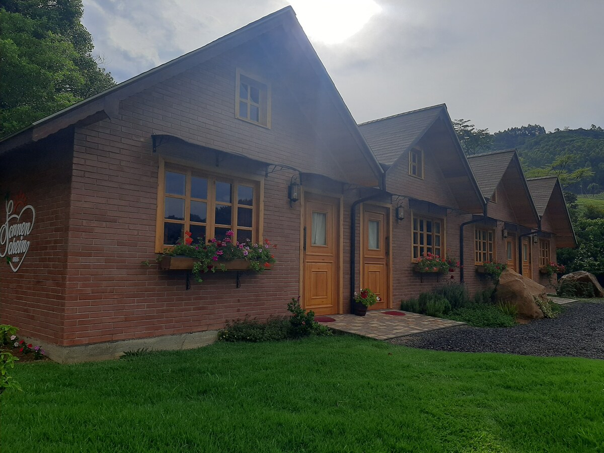A row of charming brick cottages is depicted, each featuring wooden doors and framed windows. Flower boxes beneath the windows add a touch of color. Lush green lawns lead up to the cottages, with a stone pathway providing access to each entrance.