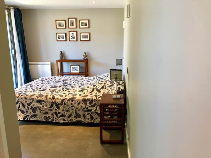 Chambre grise avec sa salle d'eau, lit de 160x200. Donne sur la coursive et accès à la piscine.