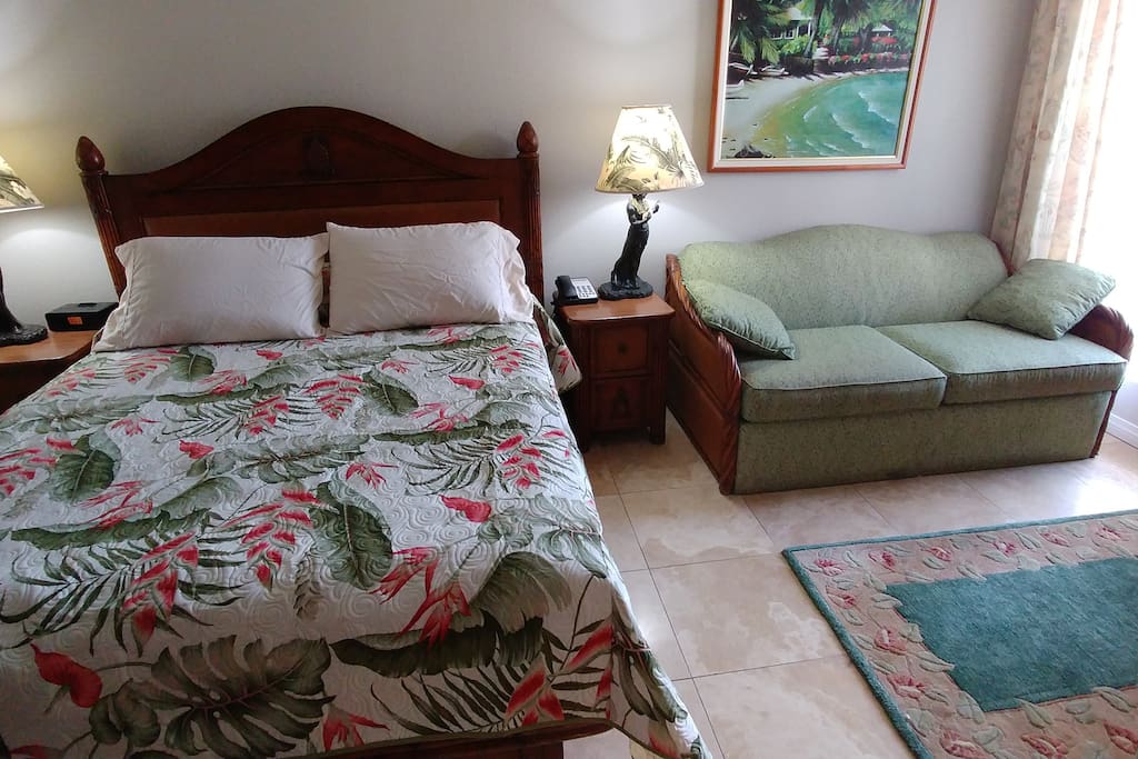 Queen size bed and Sofa.