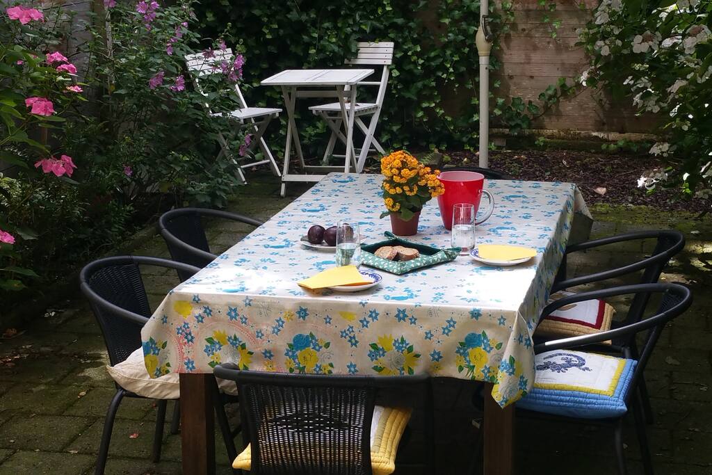 Having breakfast in the garden