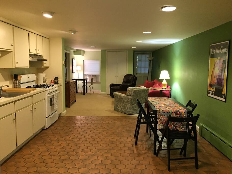 Kitchen, dining and living room areas