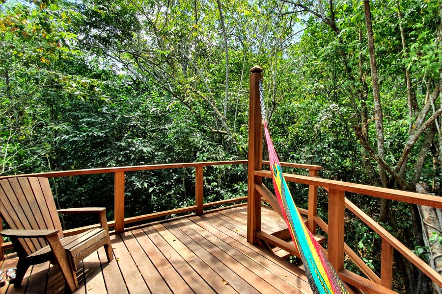 An expansive wooden deck surrounded by lush greenery features a colorful hammock and a wooden chair. The natural surroundings provide a tranquil retreat, while the design allows for an unobstructed view of the tree canopy, creating an inviting space for relaxation.