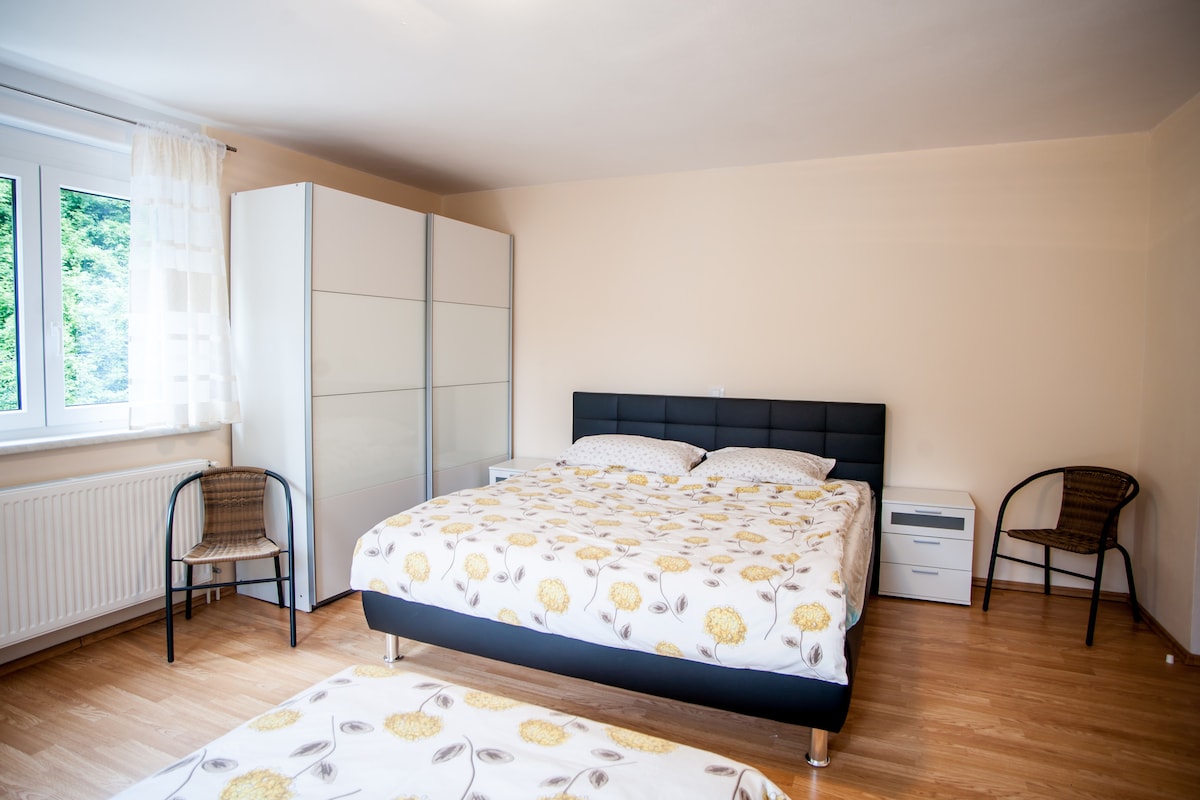 חדר השינה הגדול ביותר עם מיטה זוגית (בתמונה) + שתי מיטות יחיד