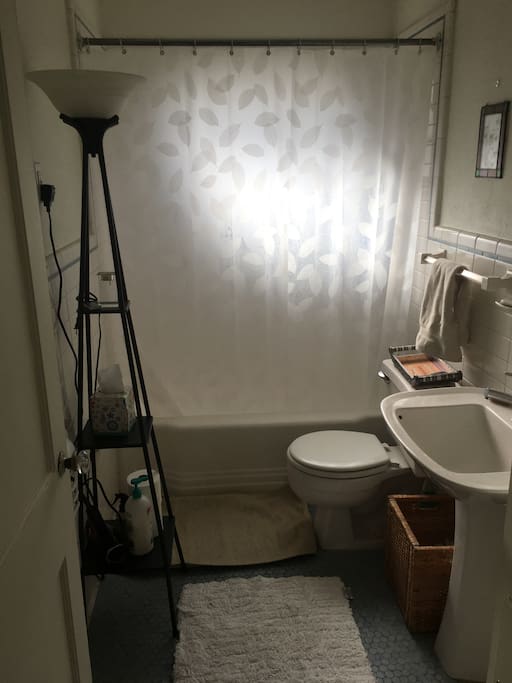 Clean, fully provisioned bathroom.