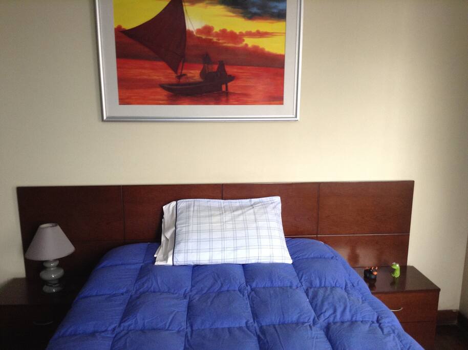 Primera habitación de huéspedes. Cuenta con una cama personal, dos cómodas, un ventilador, un espejo, un estante, un armario y un televisor.