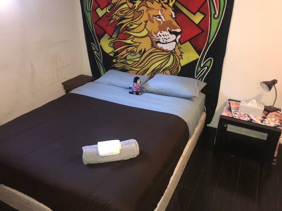 Queen sized bed, comfortable foam mattress.
