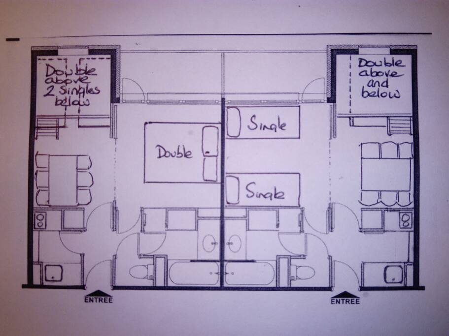 Floor plan of 2 adjacent apartments showing some of the many possible bed arrangements.