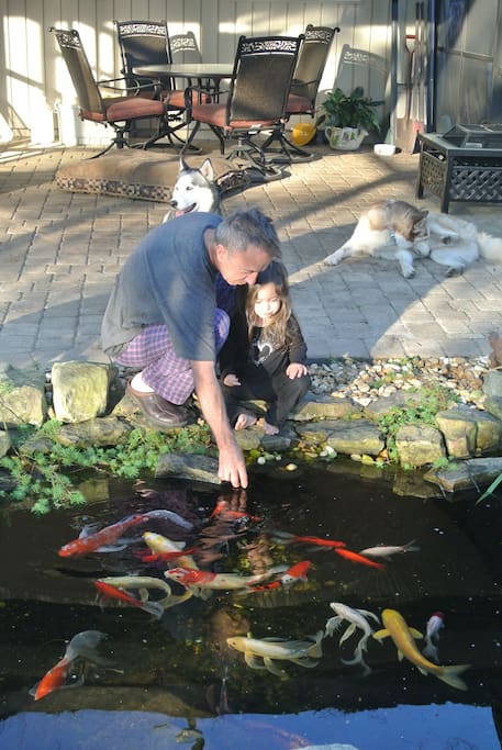Juan feeding the koi with granddaughter's help
