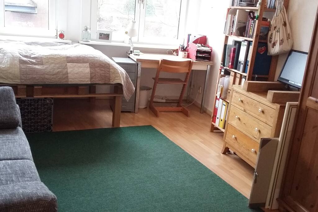 der Blick von der Tür mit Arbeitsplatz, Sofa, Bett und in der Mitte viel Raum.