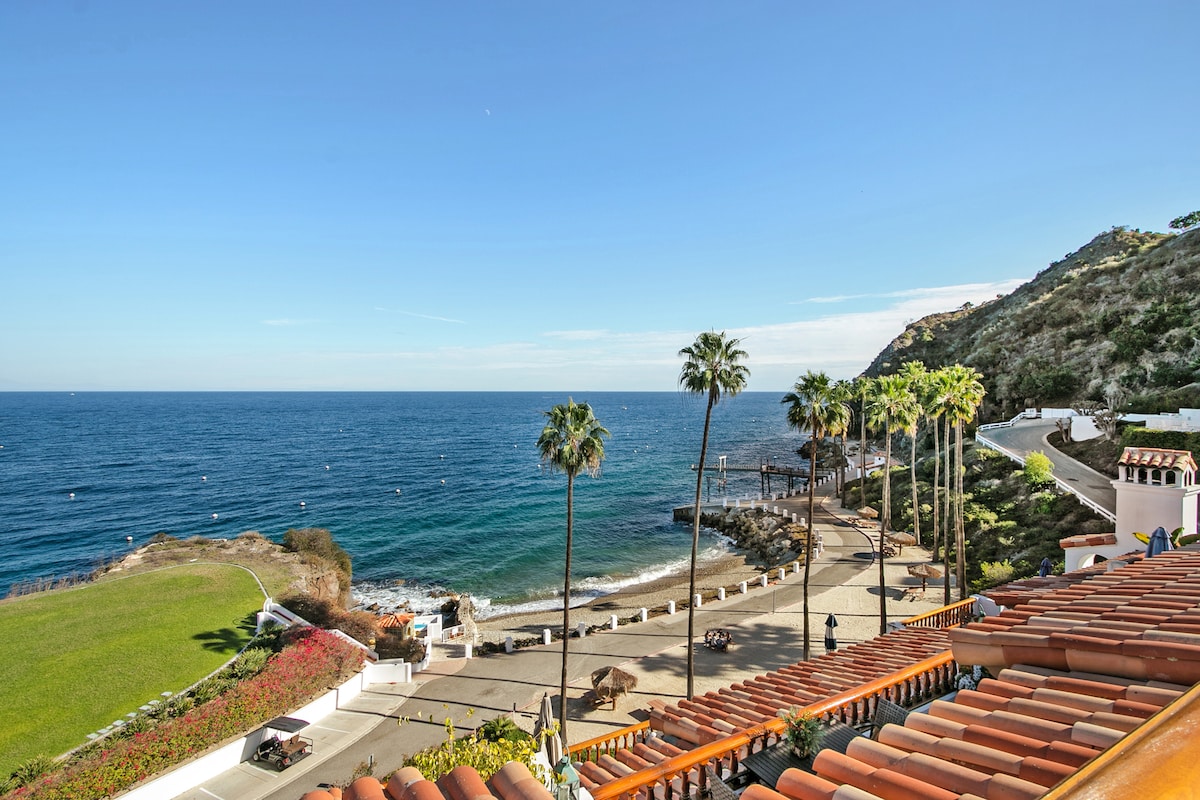 An expansive ocean view showcases the serene blue waters gently lapping at the shore. Palm trees frame the scene, while a rocky hillside and a pathway along the beachfront add dimension to the landscape, inviting peaceful exploration.