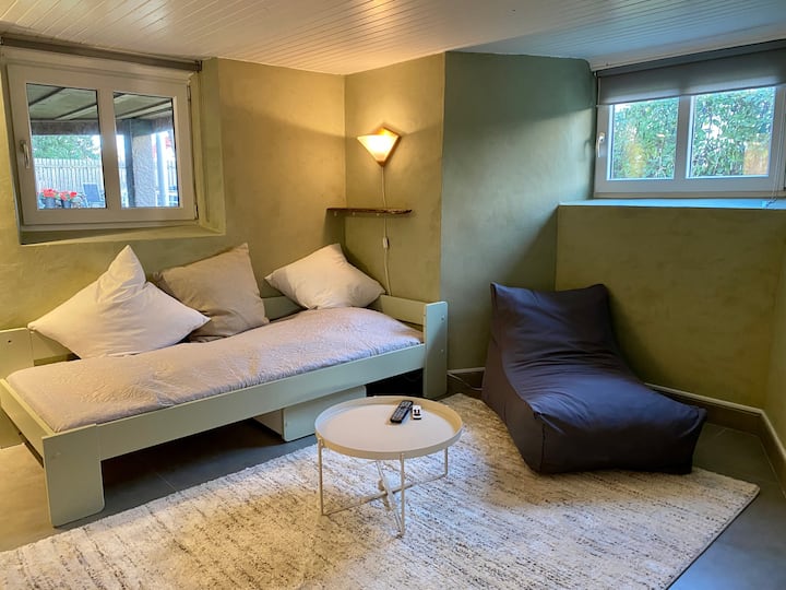 Სოციალური ოთახი დაბლა, 90 სმ სიგანის ორი საწოლით და 55-დუიმიანი ტელევიზორით Apple TV-თან დაკავშირებული ხმის გეგმით.