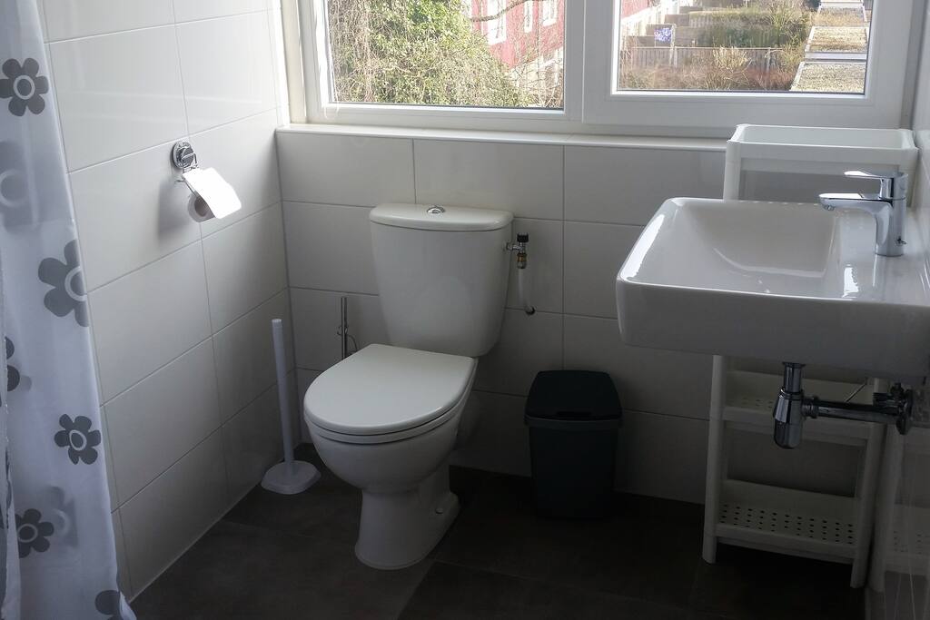 Nieuwe badkamer met douche en toilet