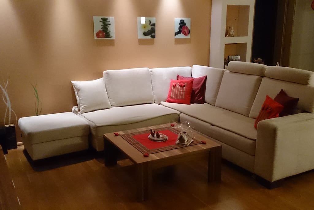 Living-room: sofa converts into double-bed (real bed with strong wooden frame)