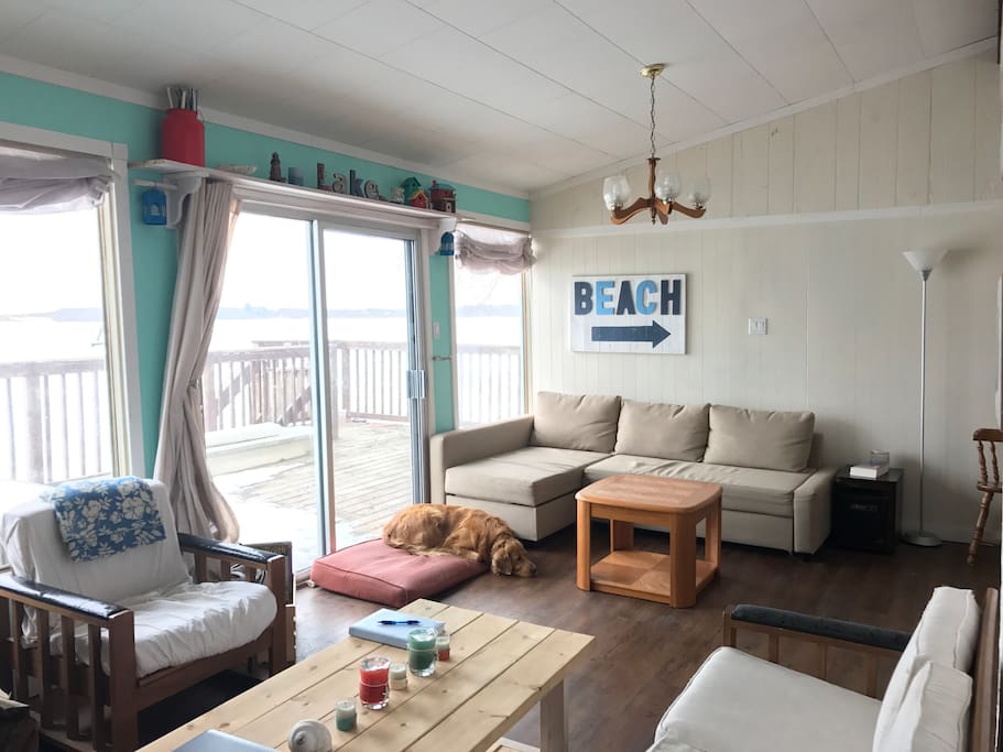 Gorgeous wall of windows looking out onto the lake. The couch is a pull out.