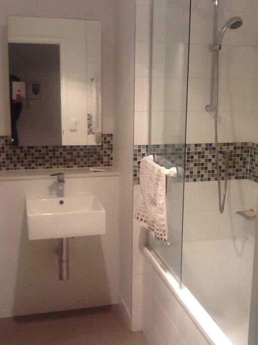 Modern bathroom, tub, indoor laundry