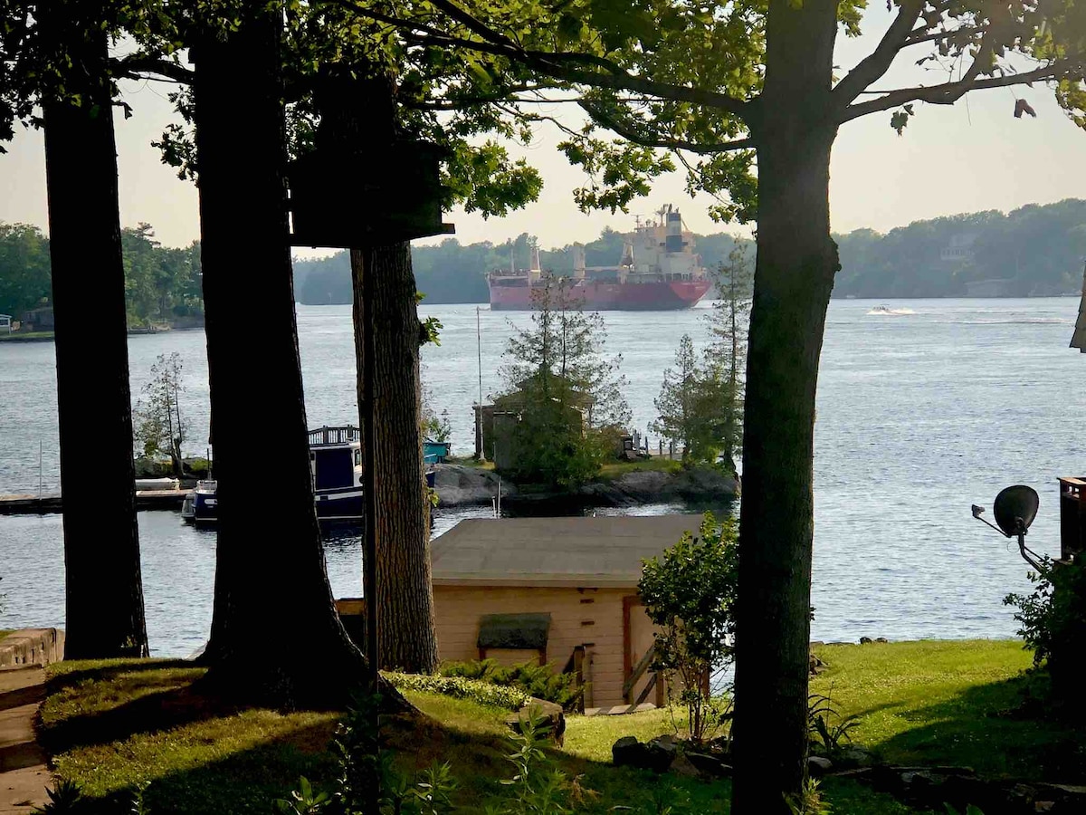 The serene view of the St Lawrence River is framed by tall trees, with a large vessel passing in the distance. A small waterfront structure is visible, along with gentle slopes and greenery leading down to the water's edge.