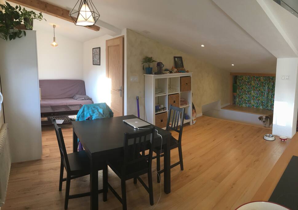 vue sur le canapé lit et l'entrée de la chambre