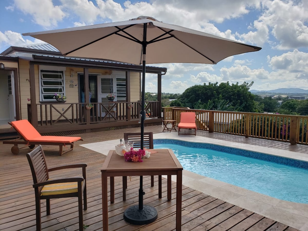 A sunlit outdoor area features a refreshing pool surrounded by wooden decking. A table with an umbrella is positioned nearby, alongside two lounge chairs. The cottage is visible in the background, framed by greenery and a bright sky, enhancing the tranquil environment.