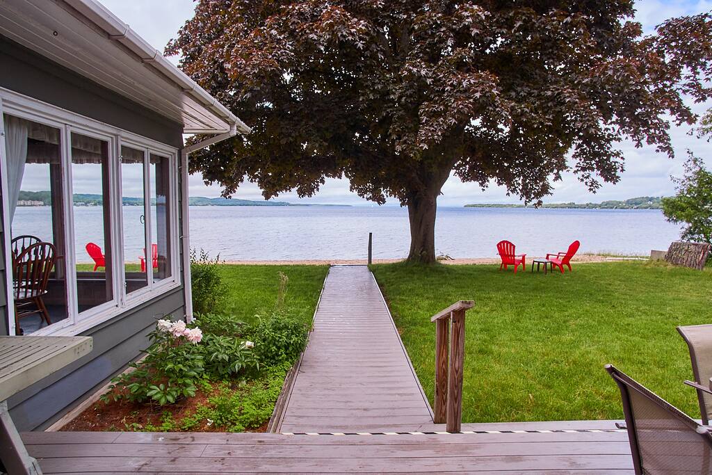 walking out to the deck, yard and beach