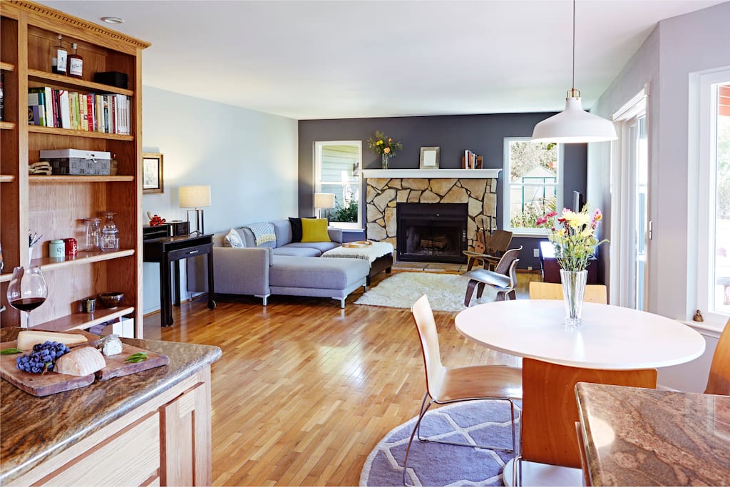 Open kitchen/family room with TV and fireplace