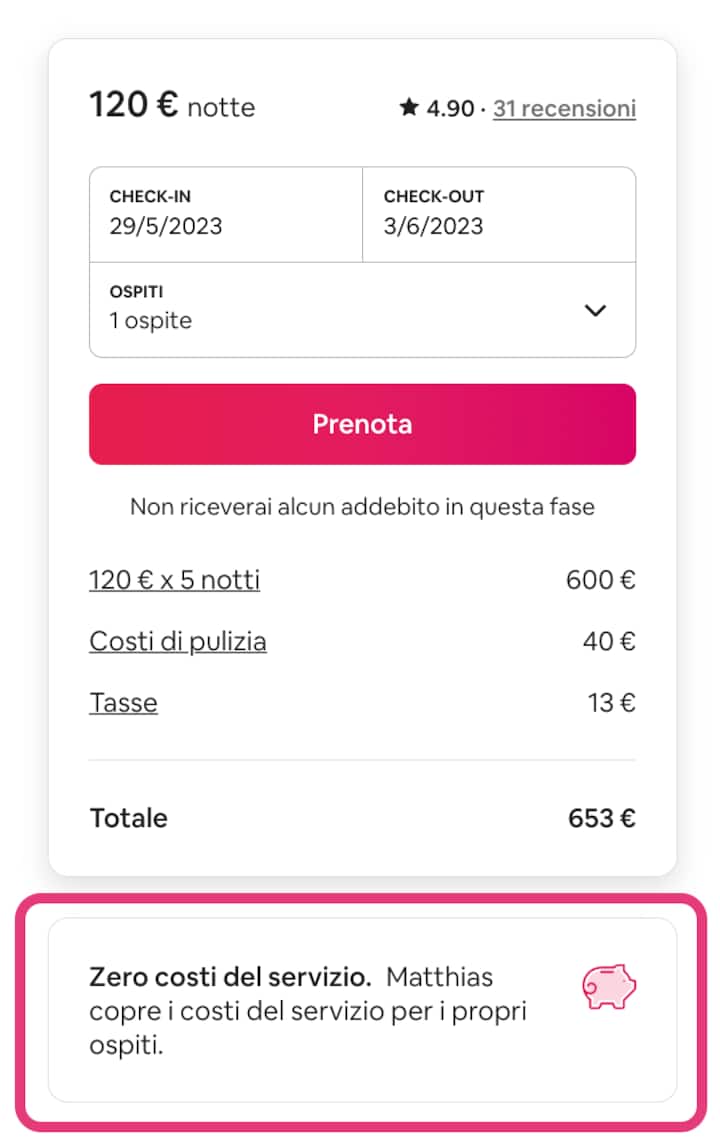 Uno screenshot della schermata dei prezzi di Airbnb mostra nel dettaglio tutte le voci che compongono l'importo totale e riporta il testo "Zero costi del servizio" evidenziato. Matthias copre personalmente i costi del servizio per i propri ospiti.