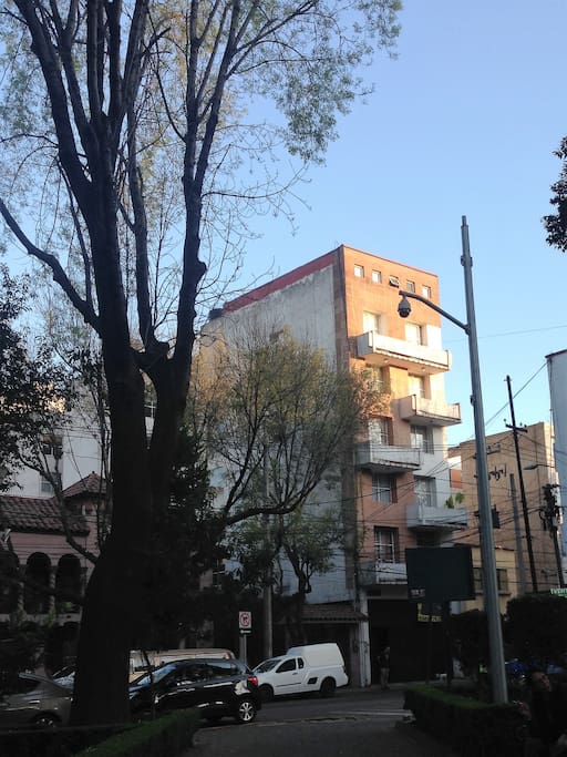 Fachada del edificio, al cruzar el parque