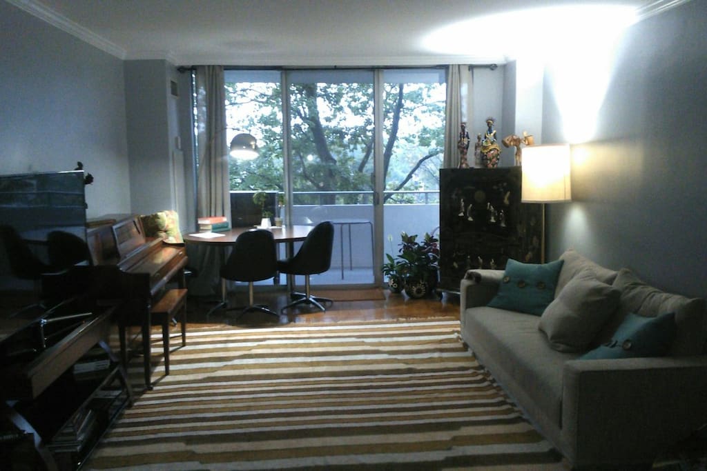 Living room has a full size sleeping sofa and also fits a queen air mattress.