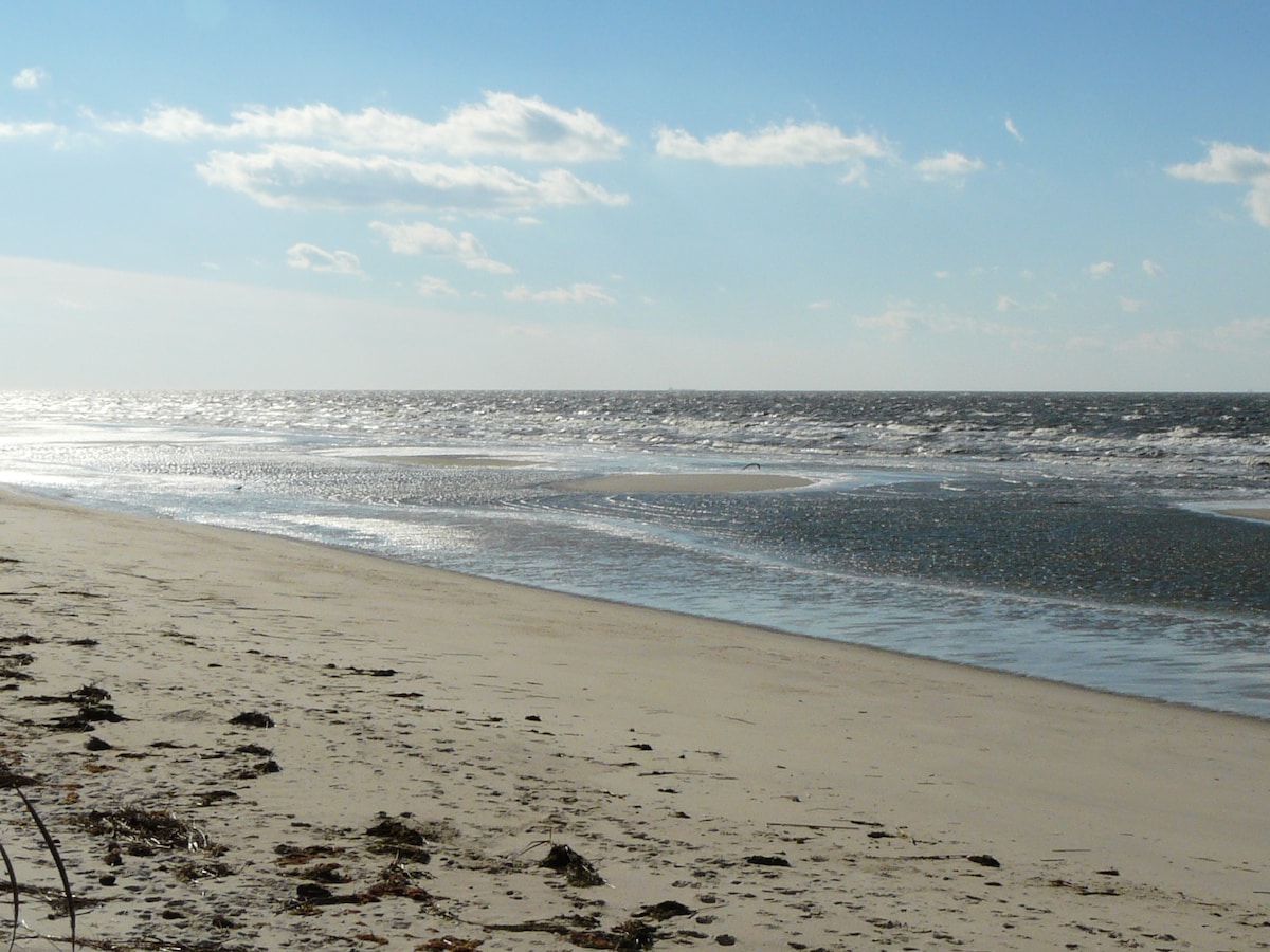 A serene beach scene is captured, showcasing a stretch of soft sand bordered by gentle waves. The sun reflects off the water, creating a shimmering effect. A clear sky with scattered clouds complements the tranquil setting, inviting relaxation and beach activities.
