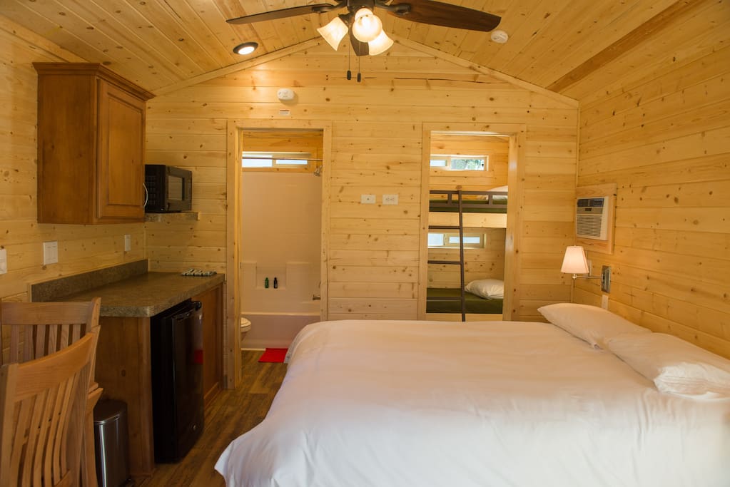 Queen bed and living room