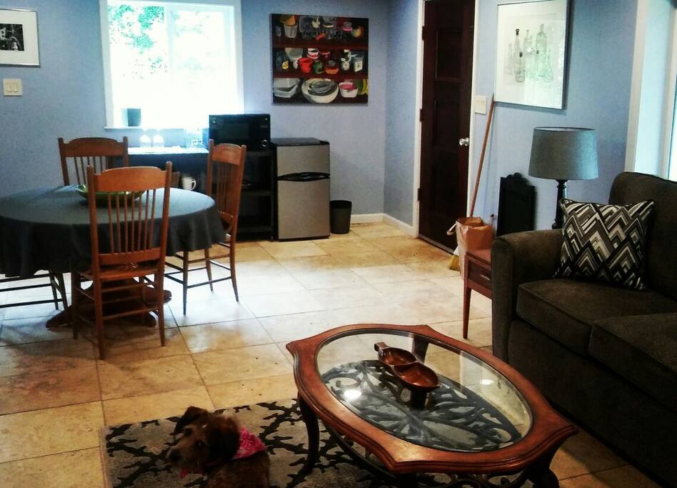 Microkitchen cart and new couch.
