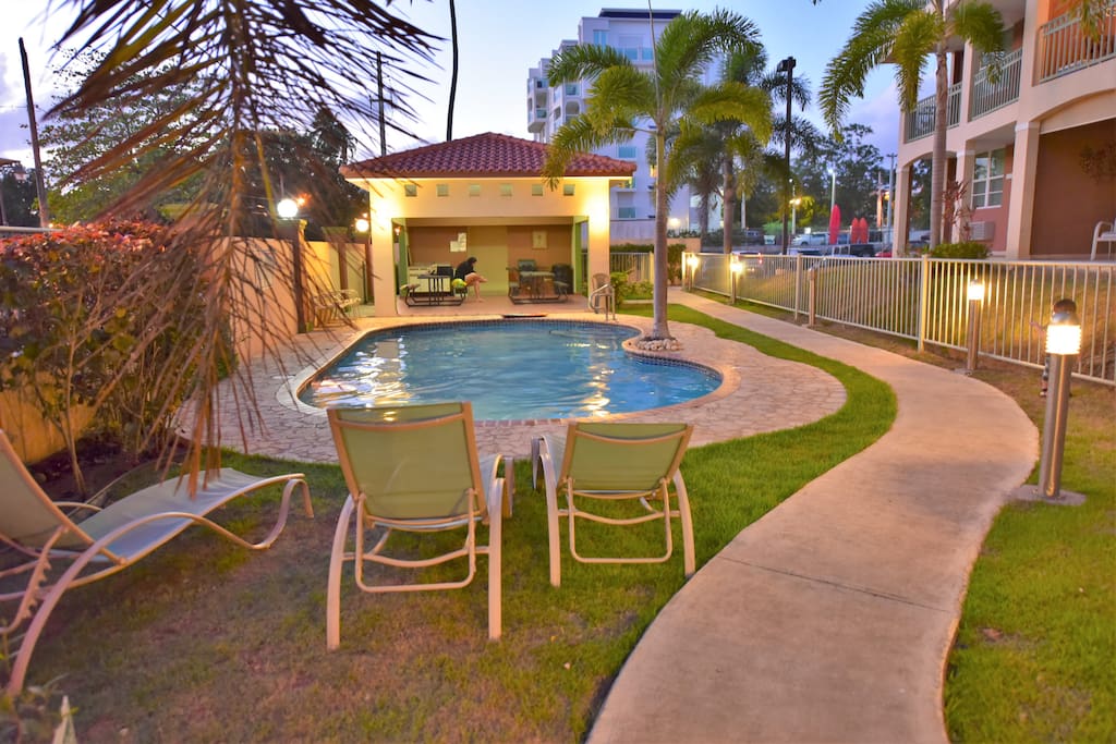 pool and gazebo area, gate to the beach