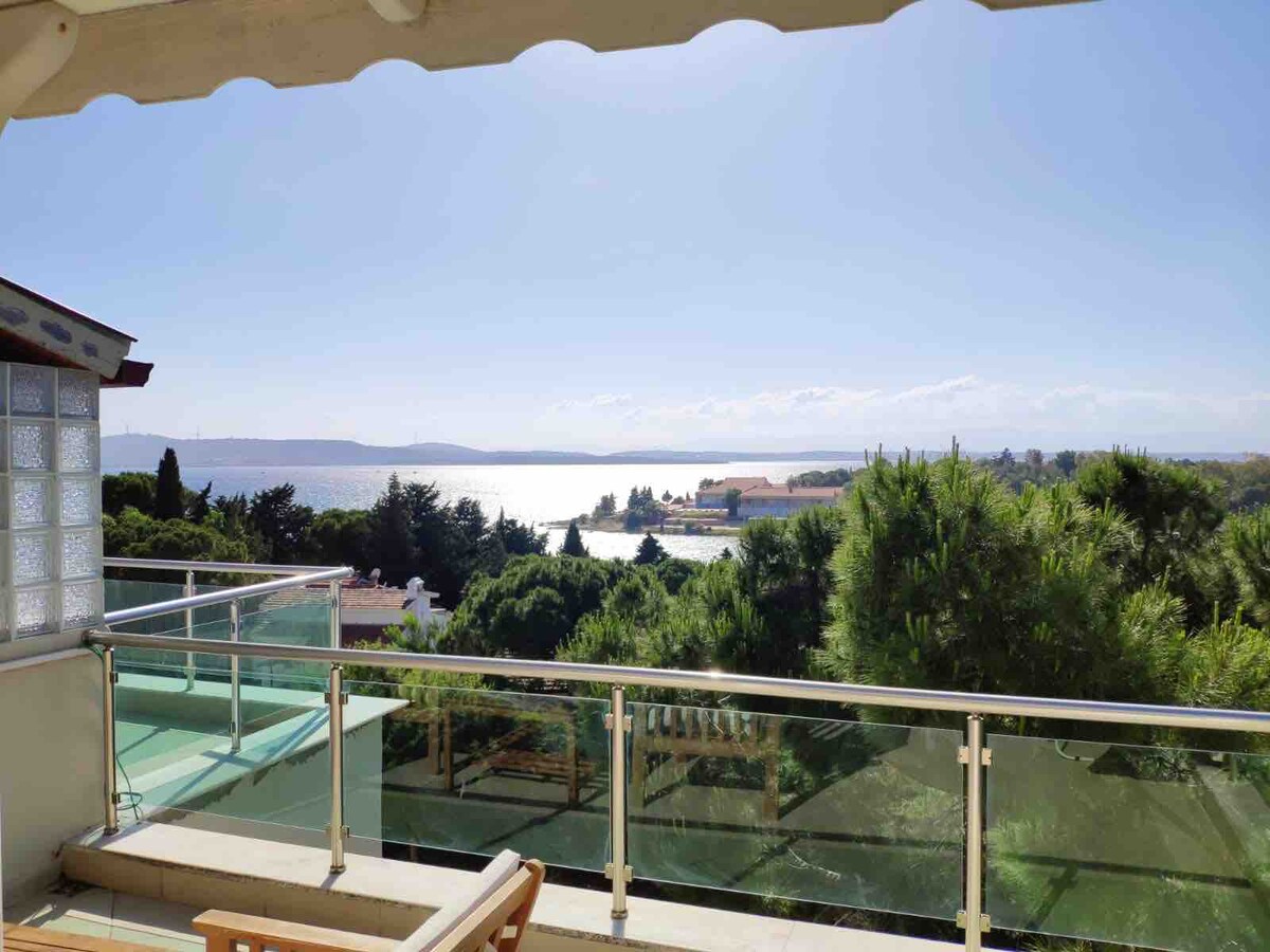 A panoramic sea view is presented from a balcony, with the calm waters reflecting the blue sky. Lush greenery surrounds the area, enhancing the sense of tranquility. A glass railing ensures unobstructed sightlines to the horizon and the coastal landscape.