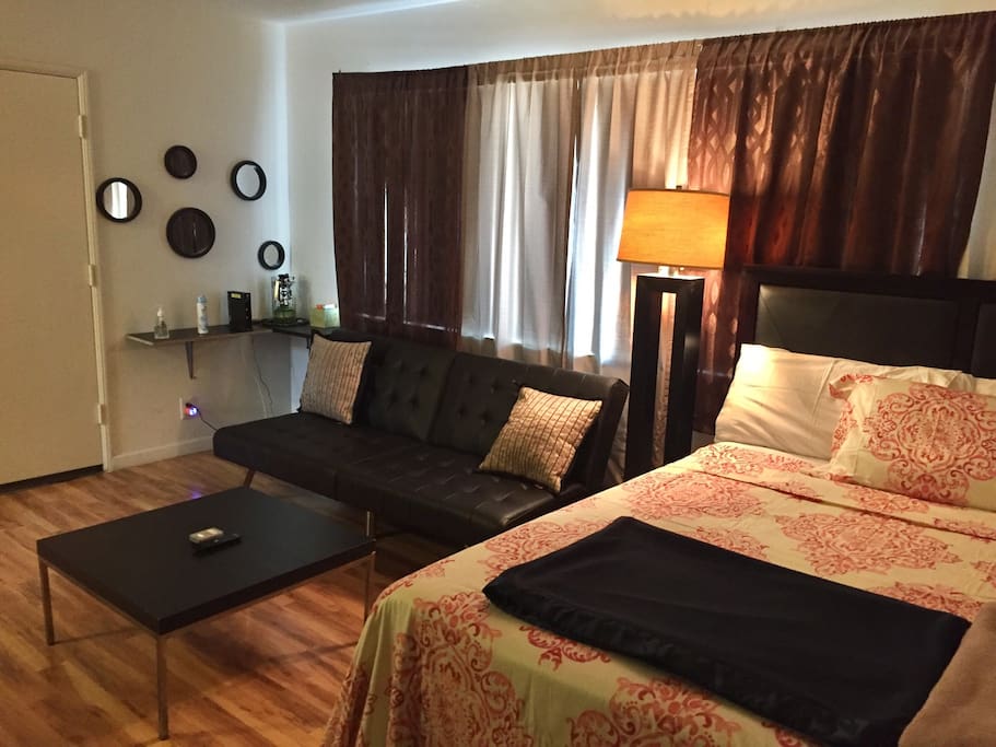 Comfortable pillow top queen bed with leather couch that turns into a pull out twin bed